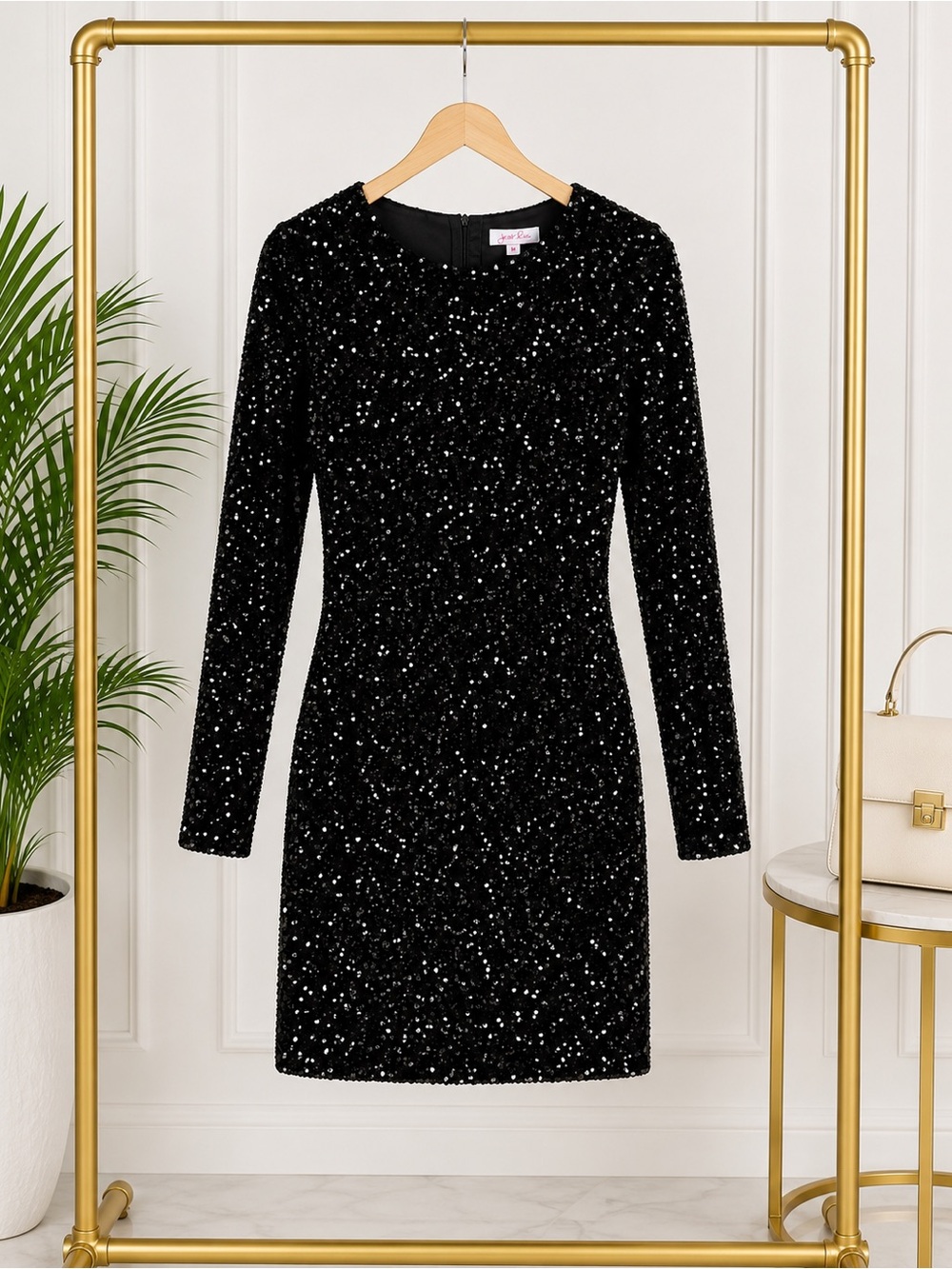 Black Sequin Long-Sleeve Mini Dress - Elegant Evening Sparkle